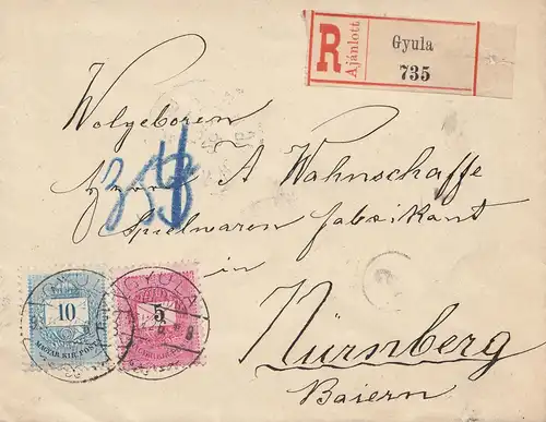 Ungarn: 1897: Einschreiben Gyula nach Nürnberg