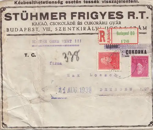 Hongrie: 1939: Lettre recommandé Budapest à Dresde