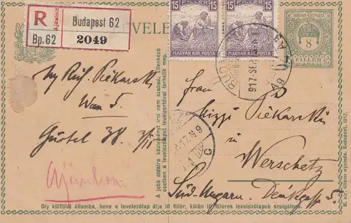 Hongrie: 1917: Entier Enregistré Budapest selon la Wachtz