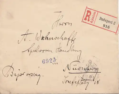 Hongrie: 1899: Lettre recommandé Budapest à Nuremberg