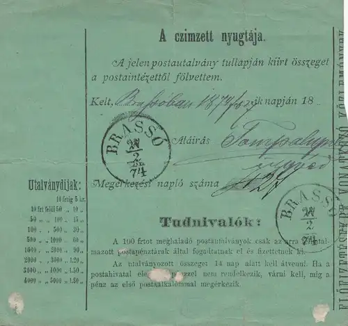 Hongrie: 1874: Cartes de paquets pour Brasso