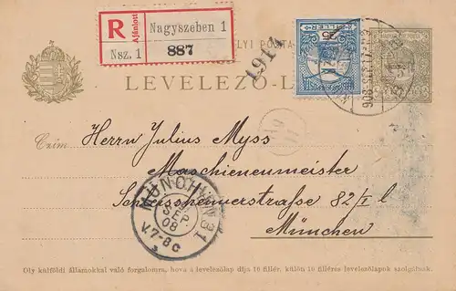 Hongrie: 1908: Entier Enregistrer Nagyszeben à Munich