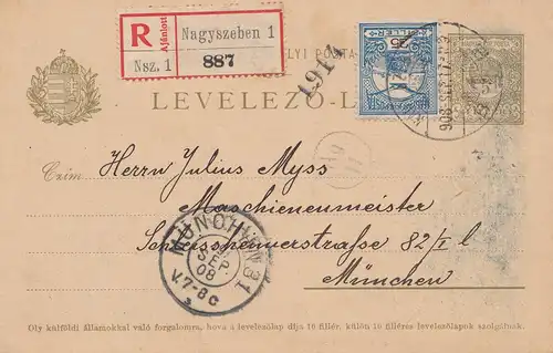 Ungarn: 1908: Ganzsache Einschreiben Nagyszeben nach München