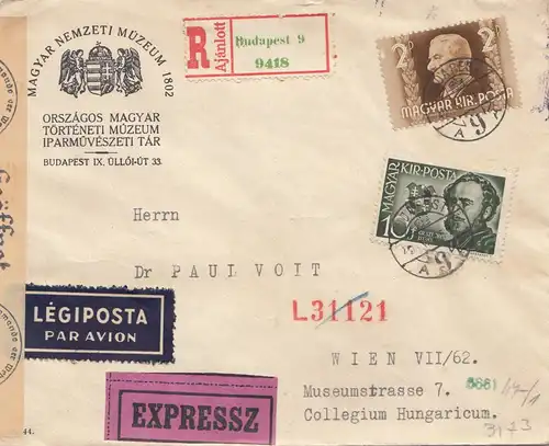 Hongrie: 1942: Poste aérien recommandé Eilbote Budapest à Vienne, OKK censure