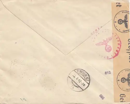 Hongrie: 1942: Poste aérien recommandé Eilbote Budapest à Vienne, OKK censure