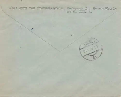 1939: Lettre recommandé Budapest à Vienne.