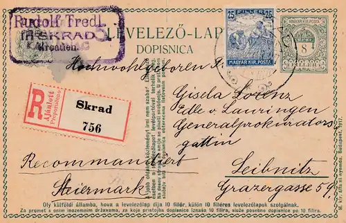 Ungarn: 1917: Einschreiben Ganzsache Skrad nach Leibnitz