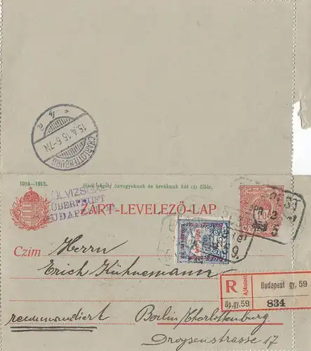 Hongrie: 1915: Entier Enregistré Budapest à Berlin