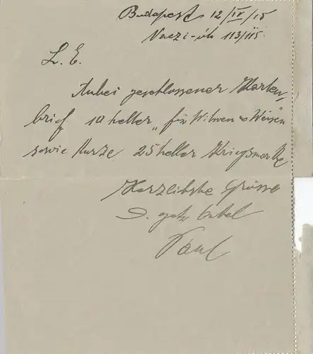 Hongrie: 1915: Entier Enregistré Budapest à Berlin