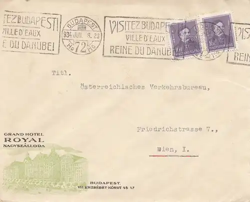 Hongrie: 1934: Budapest avec un timbre publicitaire à Vienne