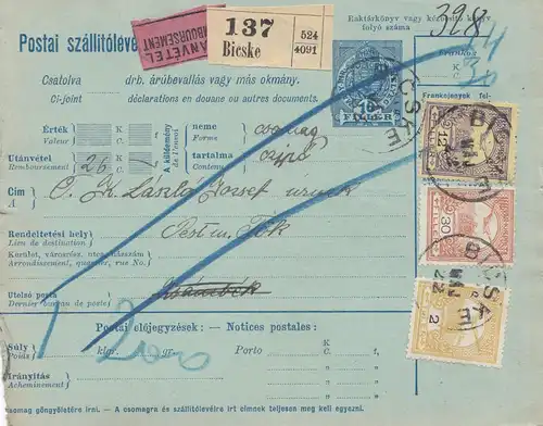 Ungarn: 1916: Paketkarte Bieske Nachnahme