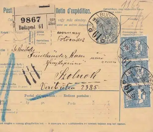 Ungarn: 1916: Paketkarte Budapest nach Szolnok