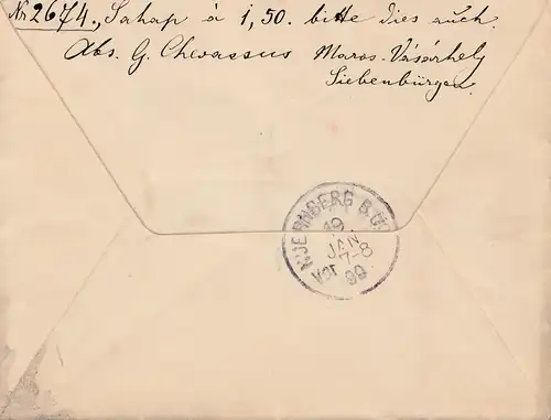 Hongrie: 1899: Lettre recommandé Maros-Vasarhey à Nuremberg
