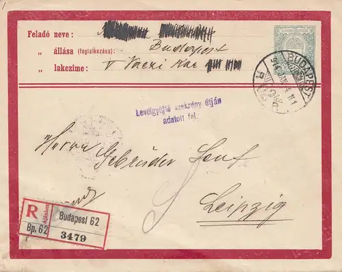 Hongrie: 1914: Budapest Entacte complet comme lettre recommandée à Leipzig