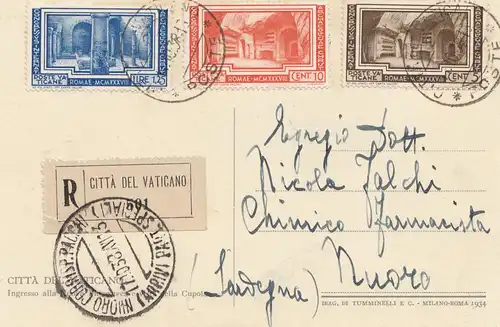 Vatican: 1938: Carte postale recommandée.