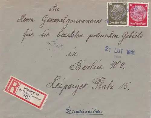 Inscription Dombrowa Oberschliesien au gouverneur GG/ Berlin, selt. Adresse