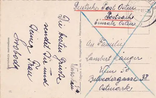 GG: Ansichtskarte Warschau, Postsache Einsatz Osten-Postschutz nach Wien