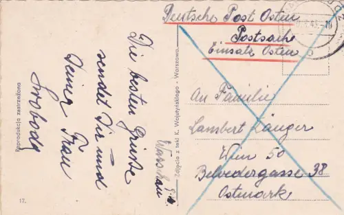 GG: Ansichtskarte Warschau, Postsache Einsatz Osten-Postschutz nach Wien
