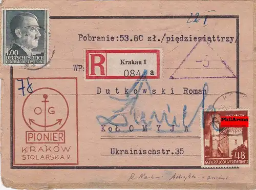 GG: Nachnahme und Einschreiben Krakau 1 auf Briefausschnitt nach Kolomyja