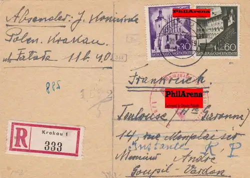 GG: Postkarte Einschreiben Krakau nach Frankreich