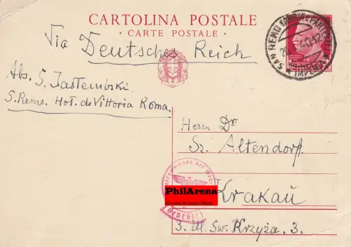 GG: Ganzsache Rom nach Krakau, OKW Zensur