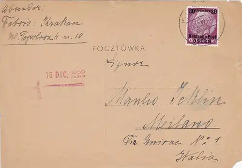 GG: Postkarte aus Krakau nach Rom, 16. Dezember 1939, frühe Post