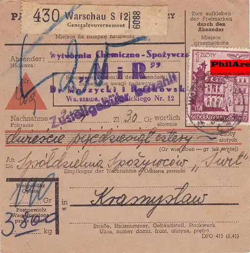 GG: Carte de colis intérieur Remise de Varsovie à Krasnystaw, frais de stockage