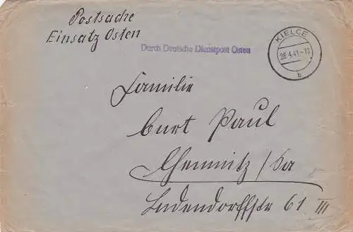 GG: Postsache Brief von Kielce nach Chemnitz, Einsatz Osten, Postschutz