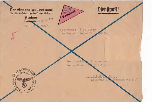 GG: Nachnahme Brief Generalgouverneur an Landmesser Krakau, leider Marken weg