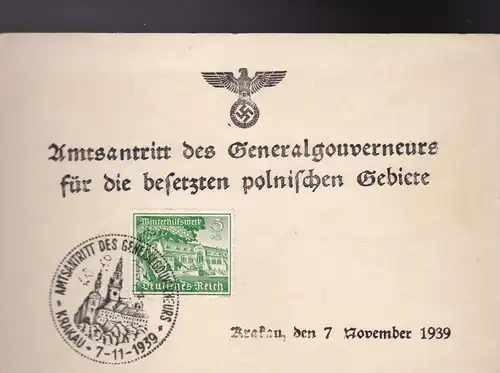 GG: Carte commémorative G1, longue f, expédiée de Varsovie le 06.12.39