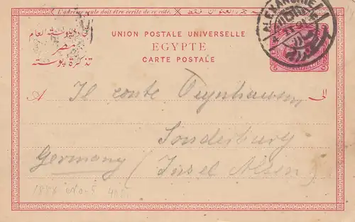 Ägypten/Egypte: 1891: Ganzsache von Alexandria nach Sonderburg, Insel Alsen