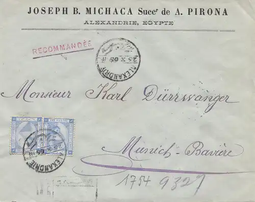 Égypte/Egypte: 1905: Lettre recommandé de Alexandrie à Munich