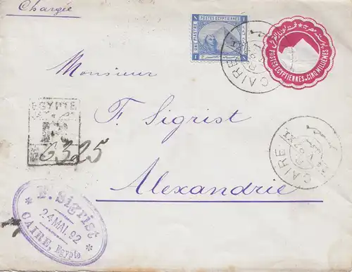 Ägypten/Egypte: 1892: Ganzsache als Einschreiben von Cairo nach Alexandria