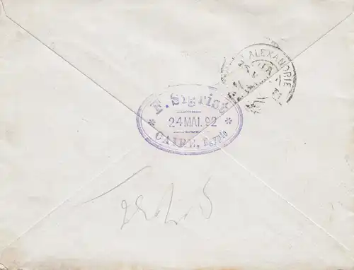 Egypte/Egypte: 1892: lettre recommandée de Cairo à Alexandrie