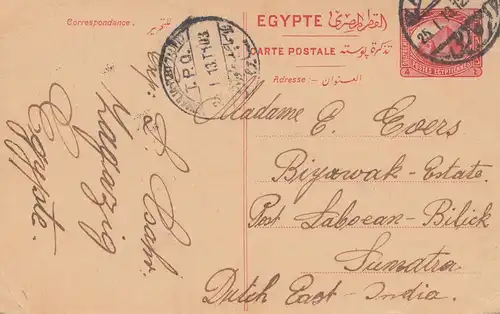 Ägypten/Egypte: 1913: Ganzsache nach Sumatra, Dutsch East India
