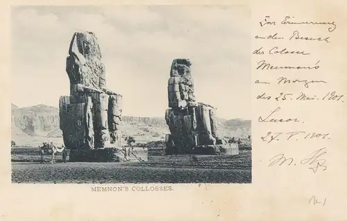 Égypte/Egypte: 1901: Carte de l'hôtel Luxour vers Cairo: Memnon's Collosses