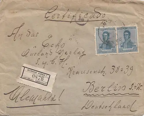 Argentinien: 1921: Einschreiben Buenos Aires nach Berlin
