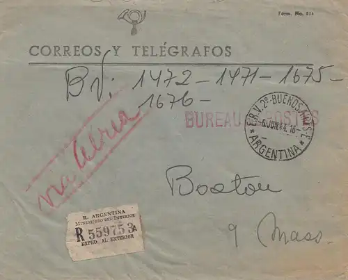 Argentine: 1944: Enregistré Ministerio del Interior vers États-Unis/Boston Mass.