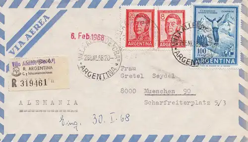 Argentine: 1968: Poste aérien recommandé Villa Allende à Munich