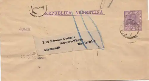 Argentine: 1891: entier Streifband vers Karlsruhe, supplément