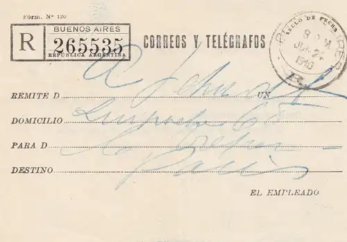 Argentinien: 1940: Einschreiben Correos Y Telegrafos