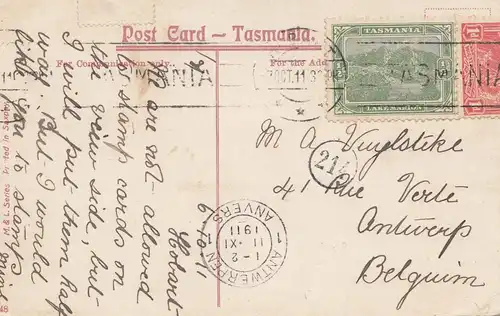 Australie: 1911: Postcard Tasmania to Belgium/Antwerp