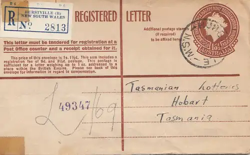 Australien: 1954: Ganzsache Registered Burstville to Tasmania
