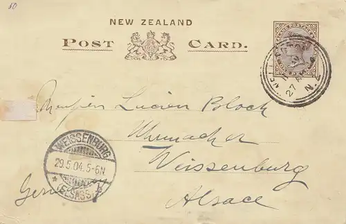 Australien: 1904: Postcard New Zealand / Ganzsache/ to Weissenburg/Elsass