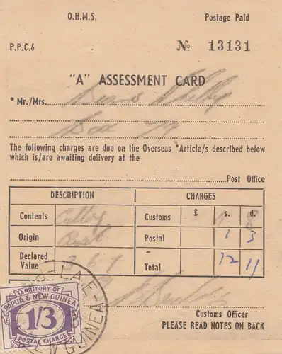 Australie: 1965: Assessment Card New Guinée