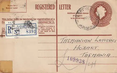 Australie: 1935: Registered Randwick to Tasmania/Hobart Lotteries