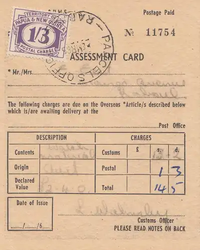 Australie: 1965: Assessment Card Papouasie