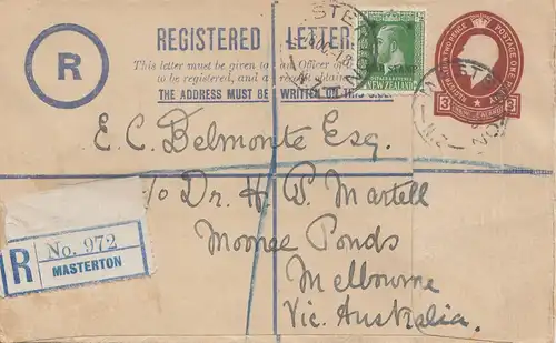 Australie: 1923: entier Registered Masterton to Mellbourne
