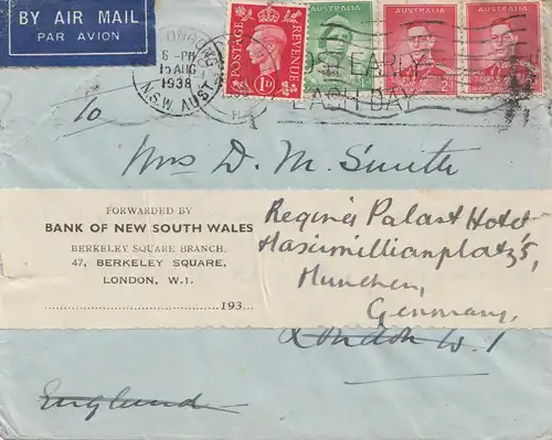 Australie: 1938: Air Mail New south Wales to Munich/Germany