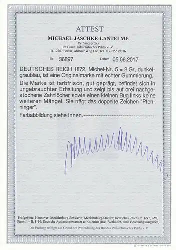 Deutsches Reich: MiNr. 5, ungebraucht, Signatur Pfenninger, BPP Attest